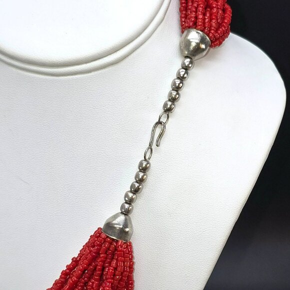 Vintage Red Beaded Multi-Strand Necklace With Silver Accents 20" HS195 - Picture 4 of 7